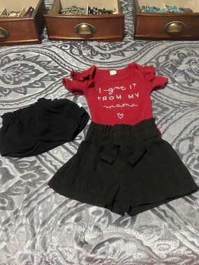 Girls Red Ribbed Bodysuit and Black Bow-Front Shorts Set